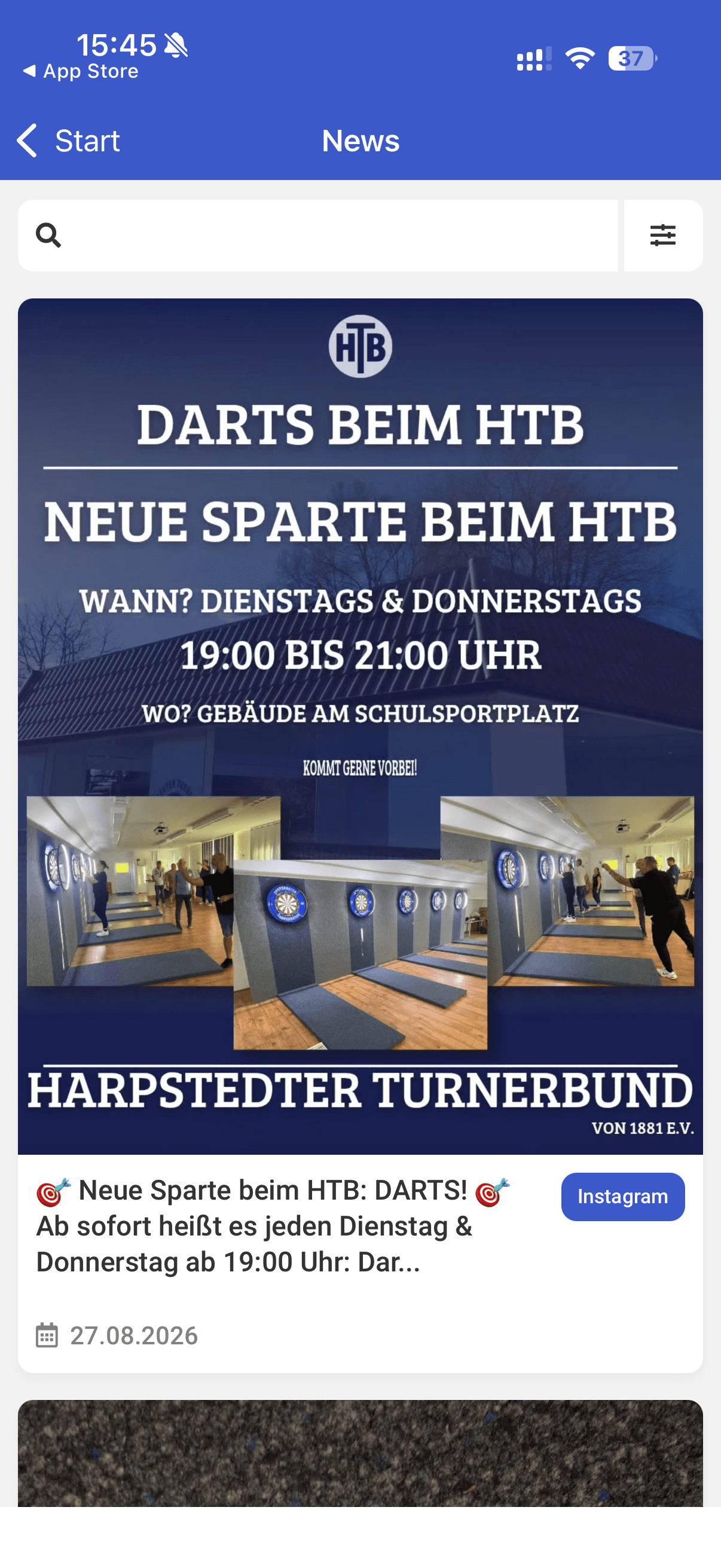 News-Bereich der HTB-Vereins-App mit Suchfeld und Beiträgen inklusive Bild