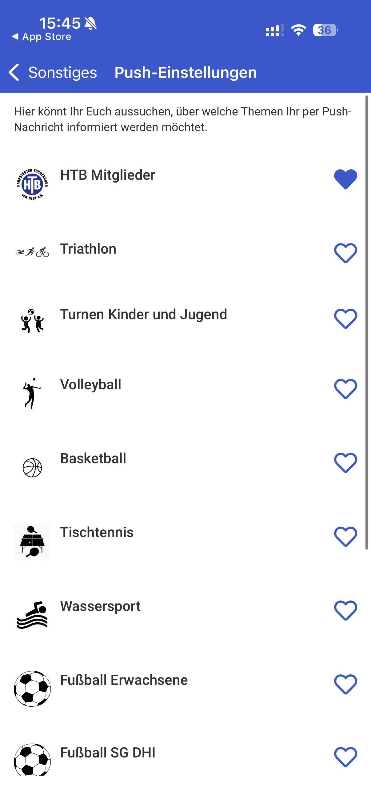 Push-Einstellungen der HTB-Vereins-App mit auswählbaren Themen je Sparte