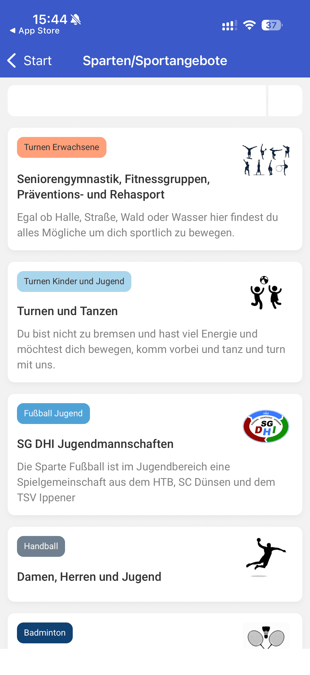 Spartenübersicht der HTB-Vereins-App mit Seniorengymnastik, Turnen und Tanzen, SG DHI Jugendmannschaften, Handball und Wassergewöhnung