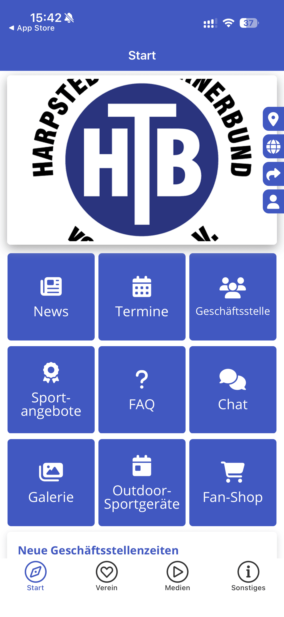 Startbildschirm der HTB-Vereins-App