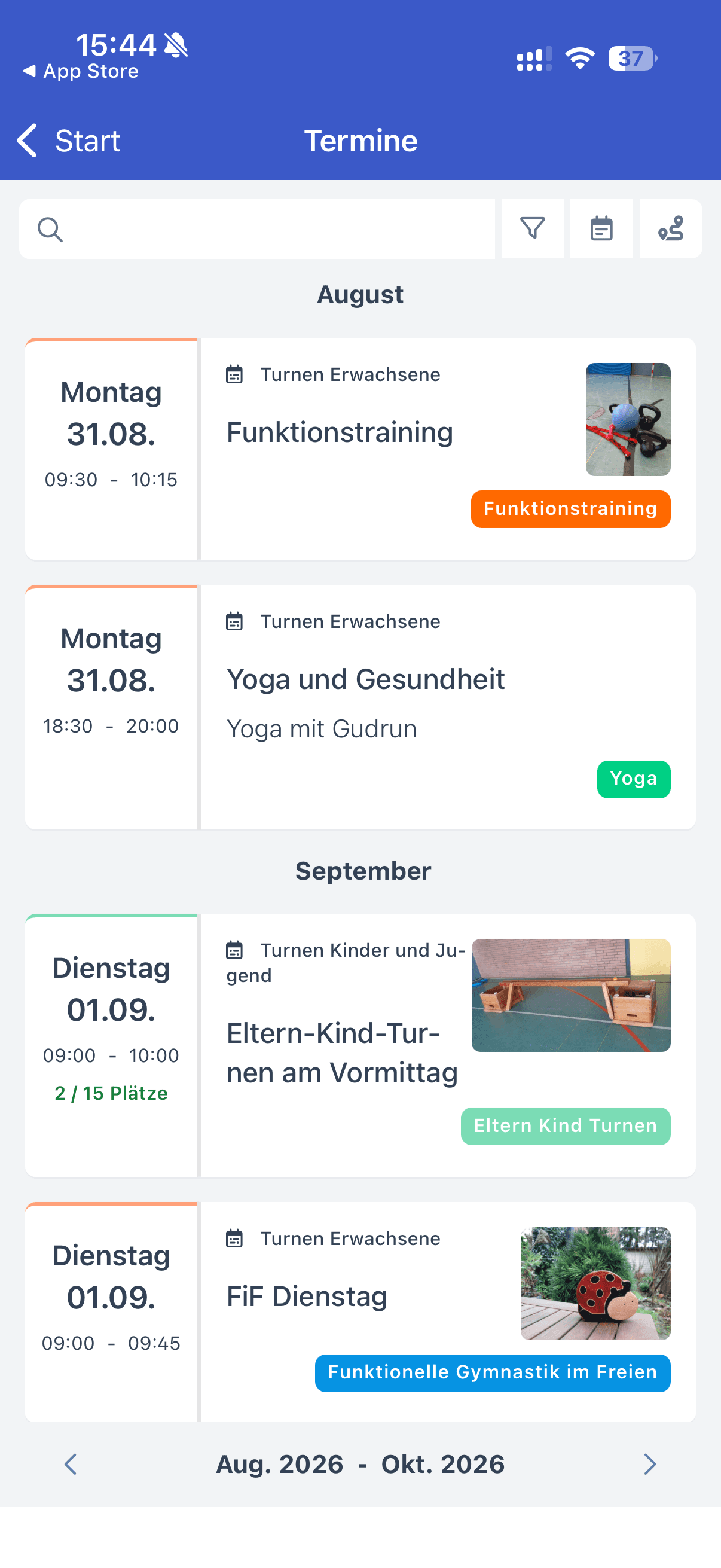 Terminübersicht der HTB-Vereins-App mit Einträgen für 3000 Schritte, Jazz-Kids, Funktionelle Gymnastik und Rehabilitation Wirbelsäule