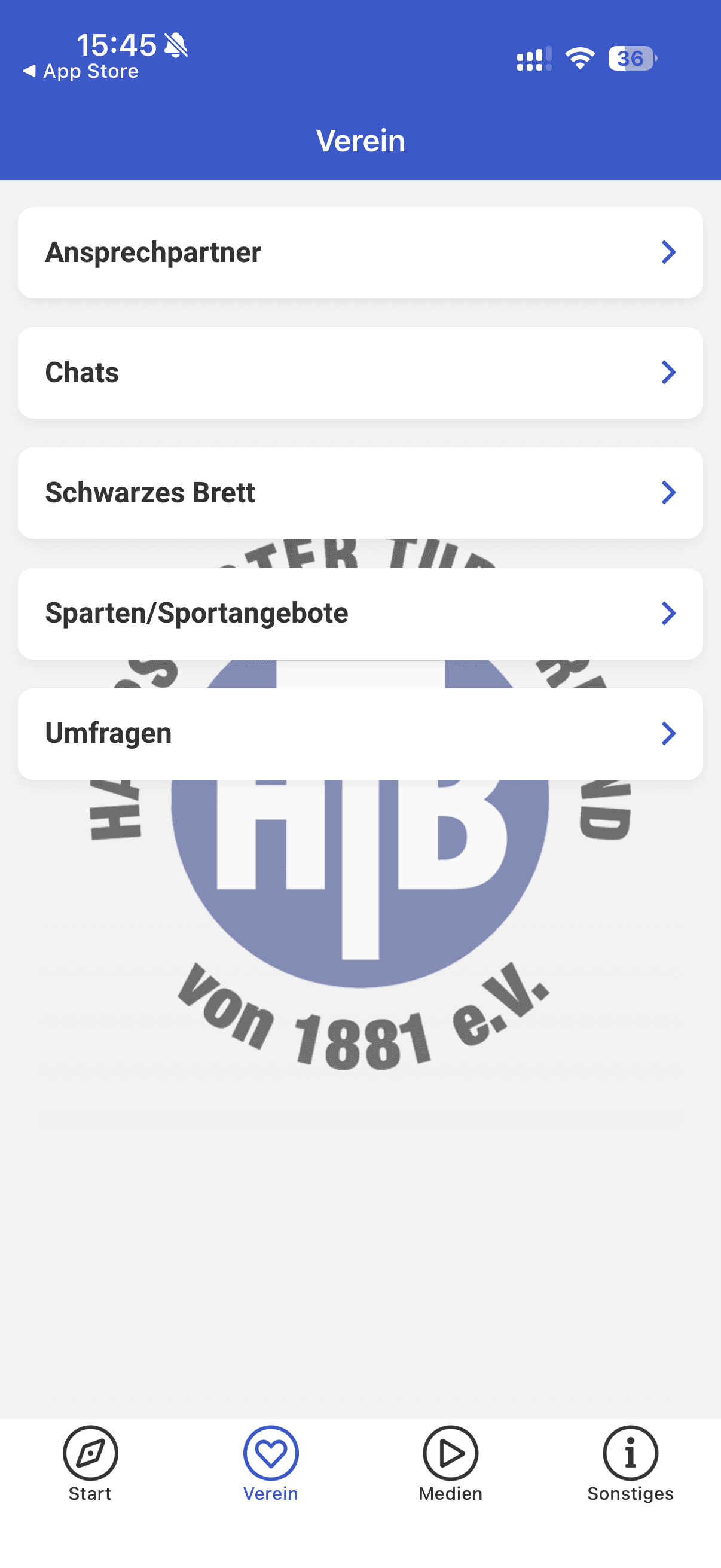 Vereinsbereich der HTB-Vereins-App mit Ansprechpartner, Chats, Sparten, Umfragen und Reservierung Pavillon/Sportgeräte